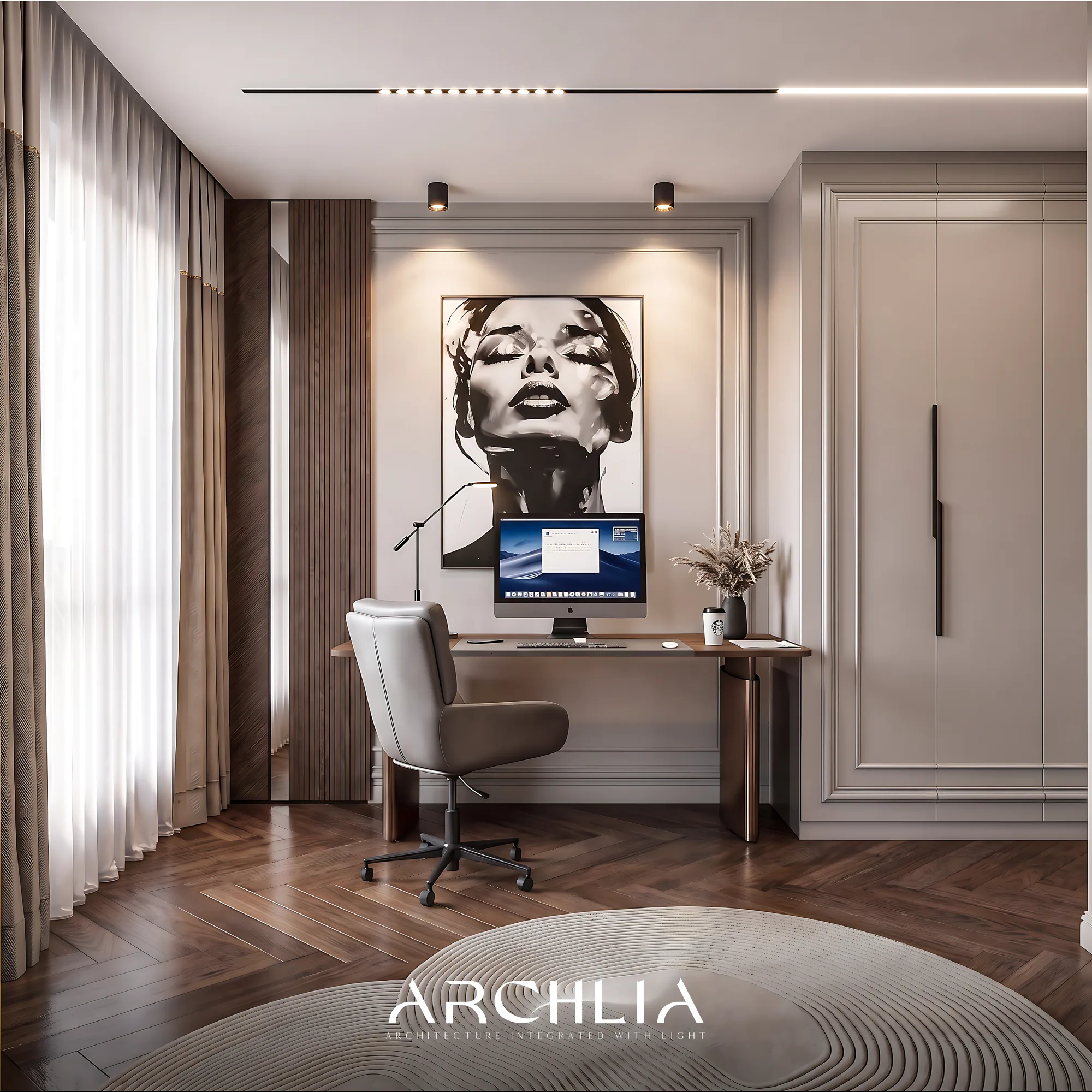 Home office with a fold-down wall bed, designed by ARCHLIA
