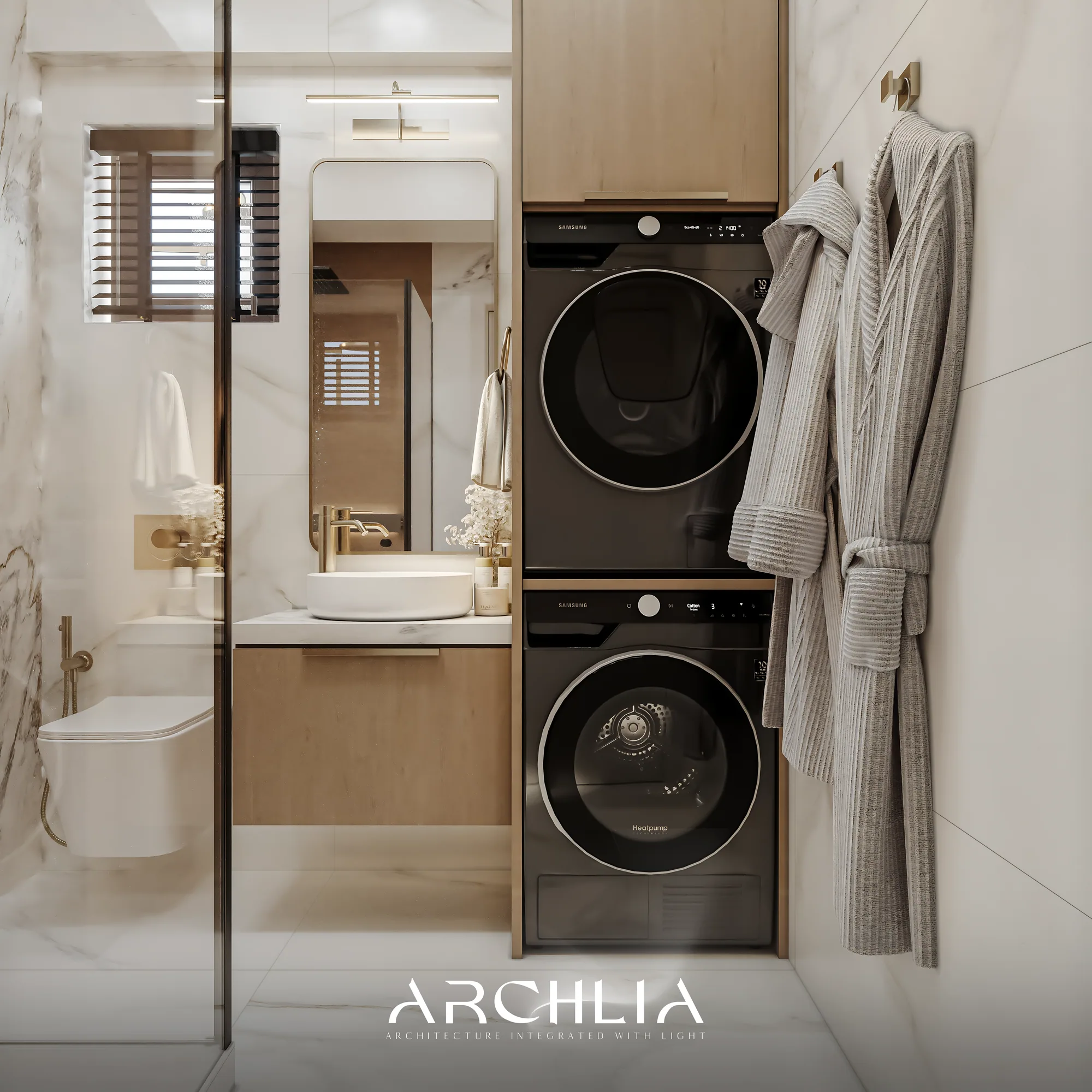 How do you fit a washing machine and dryer in a small bathroom?